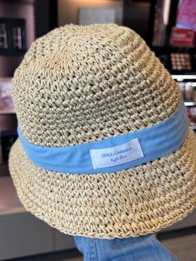 Dolce & Gabbana Cream Straw Bucket Hat with Light Blue Band